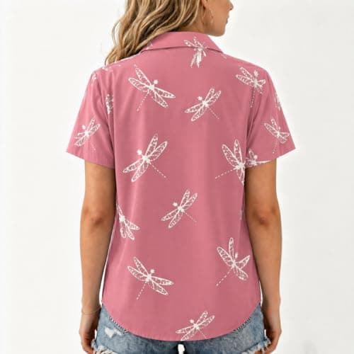 Chicwave Women's Short Sleeve Button Down Shirt, Collared V Neck Floral Print Blouse, Lightweight Business Casual Top for Office Work, Travel, Vacation, Summer, Pink - Thumbnail 3