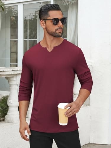 Hardaddy Men's V Neck Long Sleeve Ribbed Casual T-Shirt Classic Basic Solid Tee Shirts Wine Red XXL - Thumbnail 2