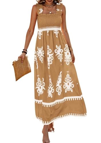 PRETTYGARDEN Womens Summer Boho Maxi Dress 2026 Casual Sleeveless Square Neck Floral Aline Smocked Beach Dresses with Pockets (Floral Khaki White,Large) - Image 1
