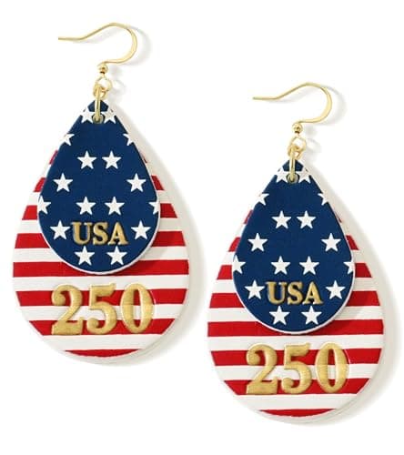 wowshow American Flag Patriotic Earrings for Women, 250th Anniversary Teardrop Dangle Earrings for 4th of July Red White Blue Earrings PU Leather Lightweight Independence Day Celebration Jewelry Gift - Image 1