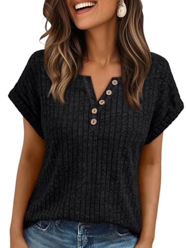 AUTOMET Women Tops Summer Sweaters Short Sleeve V Neck Henley Shirts 2025 Spring Business Casual Fashion Dressy Button Blouses Beach Vacation Clothes Outfits Black S - Image 1