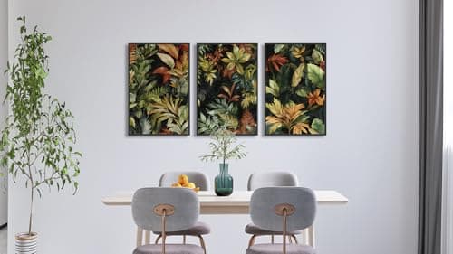 Large Framed Tropical Botanical Wall Art, Jungle Leaf Green Palm Leaf Painting Canvas Prints, Tropical Plant Artwork for Living Room Bedroom Hallway Office Home Decor 24"x36"x3Pcs - Thumbnail 3