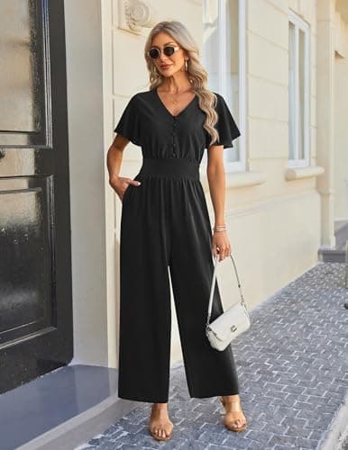 LOOKBOHO Jumpsuits for Women Summer Dressy Ruffle Short Sleeve Button V Neck 2026 Wide Leg Romper One Piece Outfits - Thumbnail 2