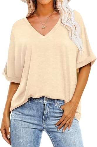 GKBK Womens Oversized T Shirts V Neck Loose Fit Shirts Short Sleeve Summer Casual Tops 2025 Trendy Blouses Y2K Plain Tees Apricot XXL - Image 1