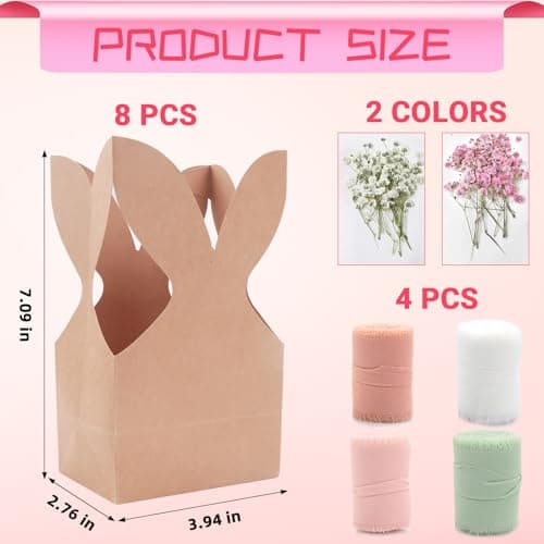 TOLGOE Easter Bunny Goodie Gift Bags - 24 Pcs DIY Boho Rabbit Ear Paper Gift Boxes with Dried Flowers & Ribbon for Candy Treats, Neutral Spring Party Favors for Classroom Birthday - Thumbnail 2