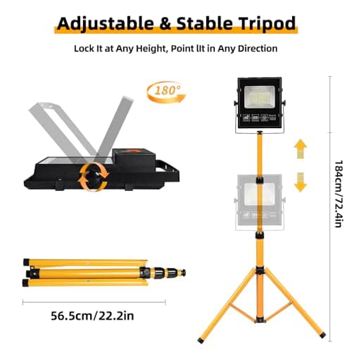 Solar Powered Work Light with 120H Runtime & Remote Control, Led Work Light with Stand 33,000LM LED Flood Light, 360° Adjustable with 5ft Stand for Hurricane, Power Outage, Construction, Camping - Thumbnail 6
