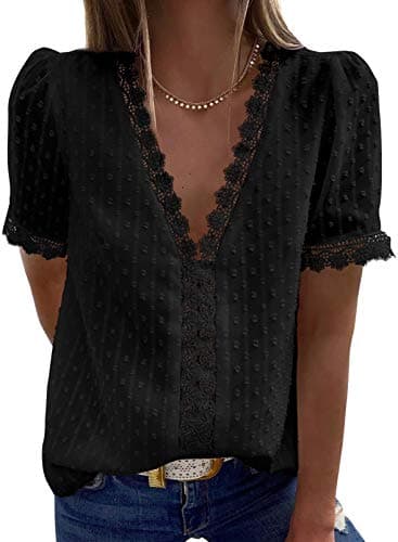 Dokotoo Women's Fashion Summer Short Sleeve Tops V Neck Lace Hem Basic Tee Shirts Pom Pom Chiffon Flowy Blouses Boho Clothing for Women XXL Black - Image 1