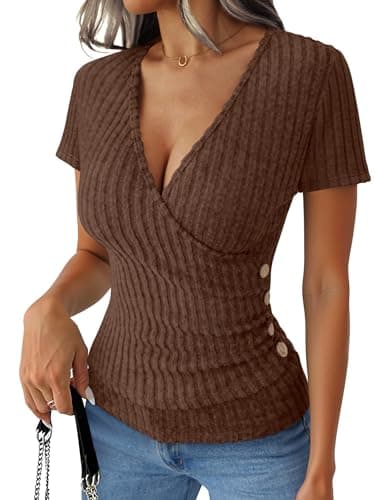 ANRABESS Women Short Sleeve V Neck Shirts,Brown,XL