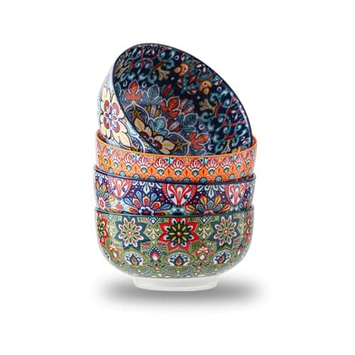 Porcelain Bowl Set of 4, 6 Inche Deeply Bohemia Bowl Set Large Ceramic Bowl 24 oz, for Salad Pasta Soup Cereal Oatmeal Fruit, Microwave & Dishwasher Safe Gift Handmade-Style Bohemian Print Dinnerware