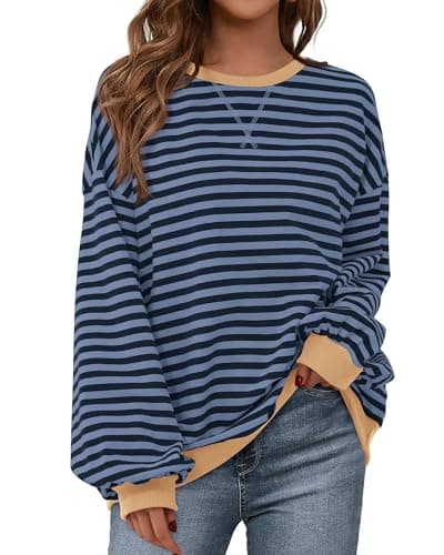BTFBM Sweatshirt For Women 2026 Summer Crewneck Long Sleeve Oversized Striped Pullover Tops Y2K Clothes Workout Shirt(Blue Navy, X-Large) - Image 1