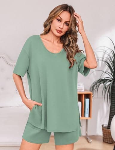 Totatuit Women's Casual 2 Piece Short Sets Oversized Slit Hem T-Shirt and High Waisted Shorts Pajama Set Soft Loungewear for Vacation Sage Green Small - Thumbnail 3