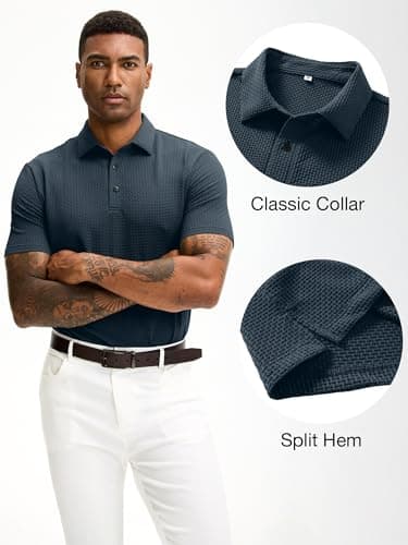 JEMLDL Men's Jacquard Polo Shirts Moisture Wicking Super Stretch Casual Jacquard Collared Short Sleeve Golf Polo Shirts for Men Navy Blue XXL - Thumbnail 6