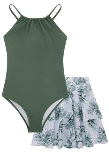 Seanrui Girls Swimsuit Bathing Suit Size 7 8 One Piece Tankini Swimsuits Swimwear with Skirt Black Cherry - Image 1