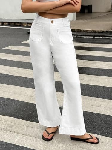 PEIHOT Womens High Waisted Wide Leg Jeans Trendy Stretchy Loose Straight Leg High Rise Flare Baggy Summer Denim Pants with Pocket 2025 White - Thumbnail 5