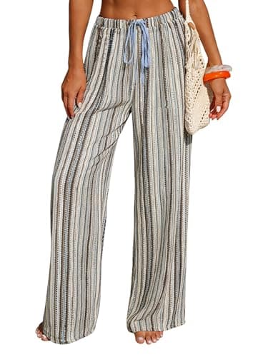 ZAFUL Womens Beach Cover Up Pants Sexy Crochet Drawstring Elastic Boho Swimsuit Cover Up Long Pants Beach Wear 3-Blue S - Image 1