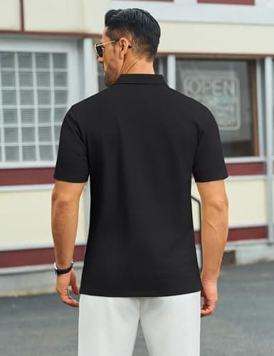 Cotrasen Mens Polo Shirts Cotton Short Sleeve Pique Button Golf Shirts Classic Fit Collared T-Shirts Black XL - Thumbnail 3