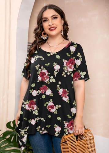 AusLook Plus Size Tops for Women Tunic Clothes Short Sleeve Midnight Red Rose Summer 2X Blouse Swing Tee Crewneck Clothing Flowy Shirts for Leggings - Thumbnail 3