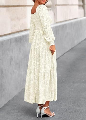 KIRUNDO Wedding Guest Dresses for Women 2026 Spring Summer Long Sleeve Smocked Floral Flowy Baby Shower Maxi Dress Pockets (Cream, Medium) - Thumbnail 2