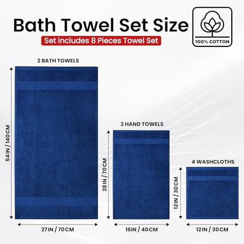 Infinitee Xclusives Luxury 100% Cotton Towel Set – 8 Piece Bathroom Towel Set (2 Bath Towels, 2 Hand Towels, 4 Washcloths) – Soft & Absorbent Towels for Bathroom (Tranquil Navy) - Thumbnail 3