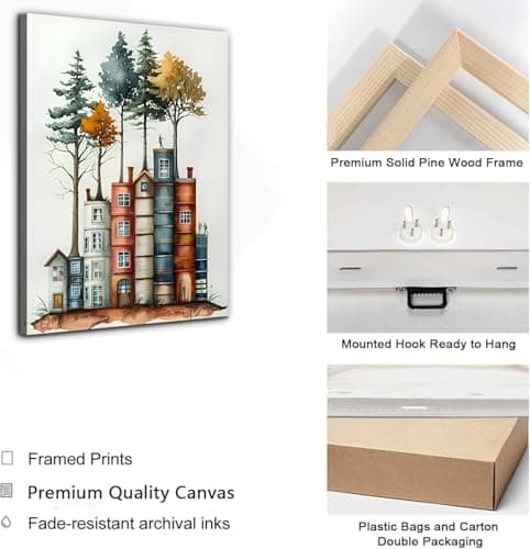 PUUZDGDZ Reading Book Lover's Canvas Wall Art Whimsical Tree House Wall decor pictures Book-shaped house Poster Painting Prints for Gallery Living Room Home Decoration (16inx24in canvas) - Thumbnail 2