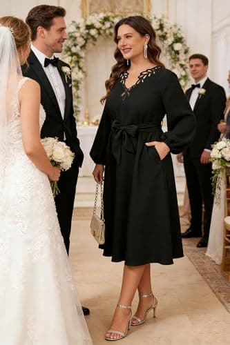 EYWOL Women Plus Size Elegant Cocktail Dress Cutwork V-Neck Midi A-Line Dress with Belt,Formal Wedding Guest Party Prom Dress Black - Thumbnail 2