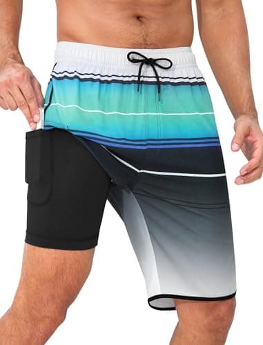 SILKWORLD Mens Bathing Suit Quick Dry Swim Trunks Compression Liner Summer Shorts, Blue Black White Gradient, Medium - Image 1
