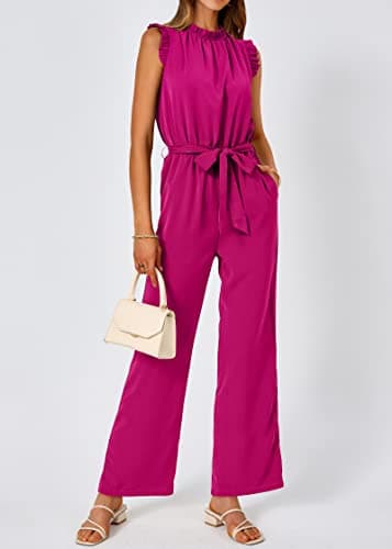 KIRUNDO Jumpsuits For Women Dressy Summer One Piece Sleeveless Ruffle Mock Neck Belt Pockets Formal Wide Leg Pants Romper(Rose Red, XX-Large) - Thumbnail 5