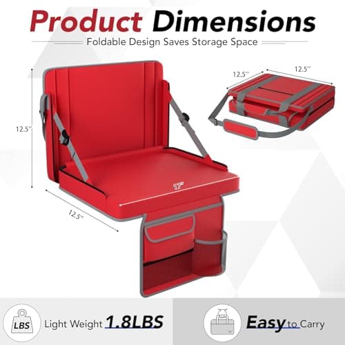 janiry Stadium Seats with Back Support 1PACK Adjustable Bleacher Chairs with Back and Cushion Bleacher Seat with Cup Holder, Carry Handle & Shoulder Strap for Outdoor Sports Events, Picnics, Red - Thumbnail 2