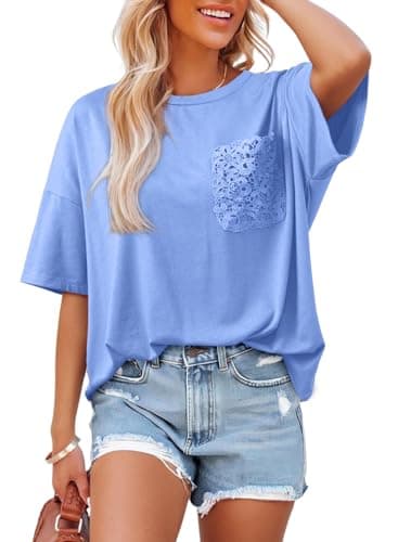 Dokotoo Womens Summer Tops Oversized Lace Cute Lace Short Sleeves Casual T-Shirts 2026 Tops Loose Fit Solid Color Plus Size Blouses Basic Tee Tops Beach Vacation Outfits,Sky Blue Medium