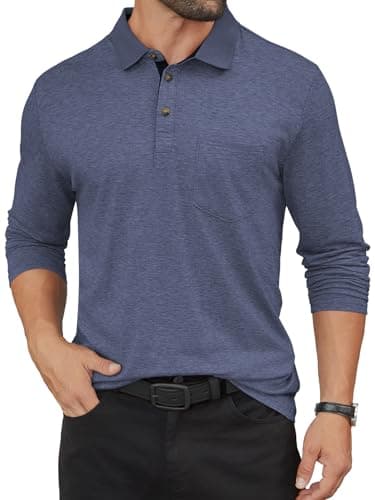 Hardaddy Men's Casual Polo Shirt with Pocket Contrast Color Long Sleeve Business Work Shirts Tees Top Shirt Deep Blue L - Image 1