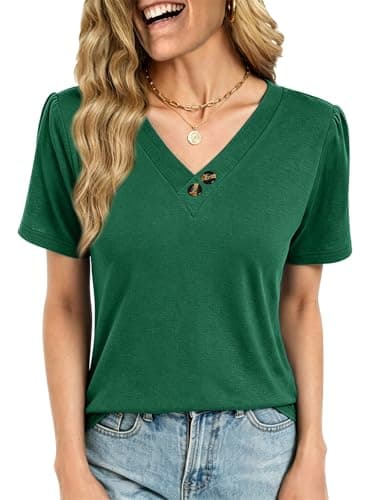 VUTRU Womens Summer Tops and Blouse Puff Short Sleeve Henley Tshirts Tunic Loose Flowy Dressy Business Casual Plus Size, Green M - Image 1