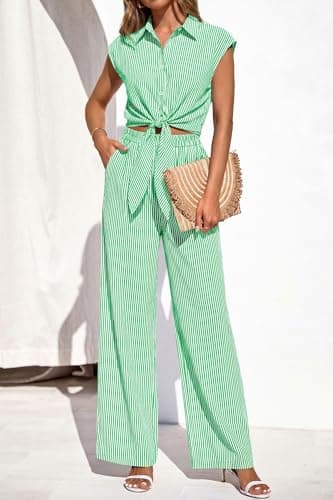 PRETTYGARDEN 2 Piece Sets For Women Summer Striped Button Down Tie Front Crop Tops Wide Leg Pants Floral Lounge Set 2026(Striped Green,Medium) - Thumbnail 6