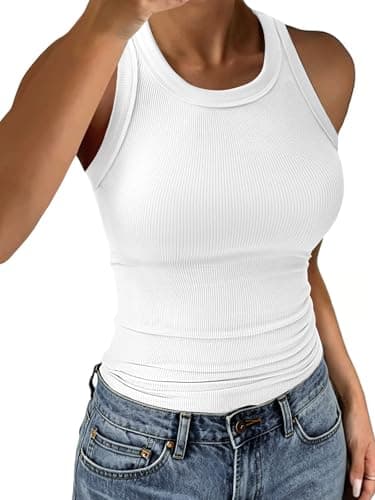 C.O.Z.Y Tank Tops for Women Ribbed Racerback Top Shirts High Neck Tank Casual Slim fit Basic Summer Tops White M
