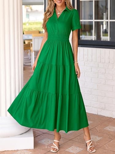 BTFBM Wedding Guest Dresses for Women Beach Fashion Casual Short Sleeve V Neck Solid Spring Summer Boho Maxi Dress (Green,XX-Large) - Thumbnail 6