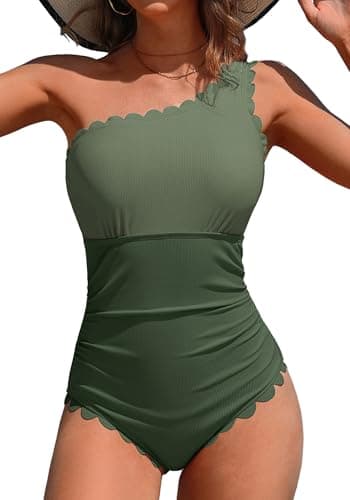 Charmo One Piece Swimsuits Women Full Coverage Bathing Suit Women One Shoulder Swim Suits for Women Army Green Block XL - Image 1