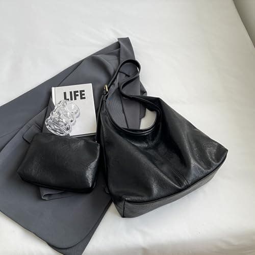 MaijjLyn Hobo Bags for Women Tote Bag Retro PU Leather Shoulder Handbags Slouchy Crossbody Hobo Purses with Coin Purse 2PCS Black - Thumbnail 5