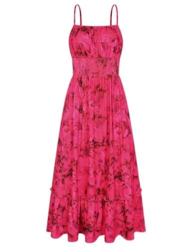 GRACE KARIN Summer Dresses for Women 2026 Vacation,Smocked Floral Maxi Dresses,Boho Beach Long Sundress Rose Red XL - Image 1