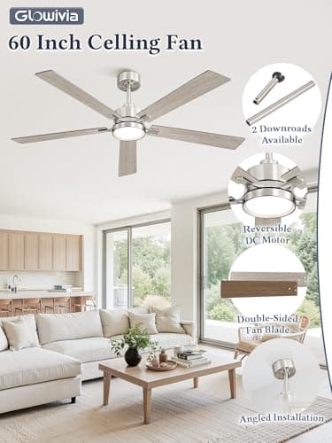 Glowivia 60 Inch Ceiling Fan with Lights and Remote, Smart APP Control, Dimmable with All-Setting Memory, Quiet DC Motor Reversible Blades, Damp Rated Modern Ceiling Fan for Bedroom Patio Living Room - Thumbnail 5