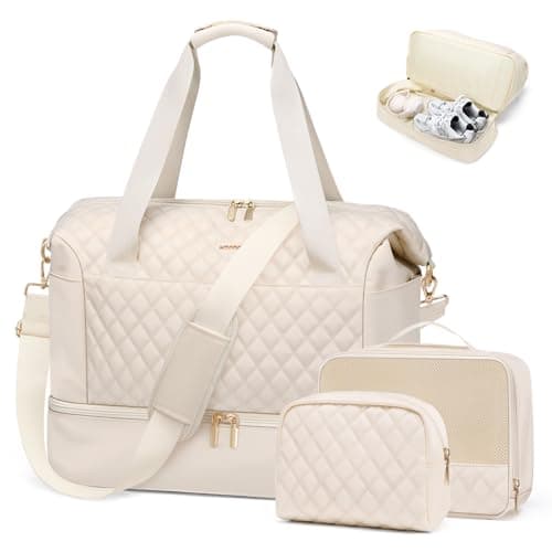 MDODO Travel Duffel Bag for Women Weekender Overnight with Wet Pocket Shoes Compartment Carry on Tote Duffle Bag for Business, Trips, Travel, Sports, Gym, Yoga, Hospital, 3 Pcs Set, 43L, Beige - Image 1