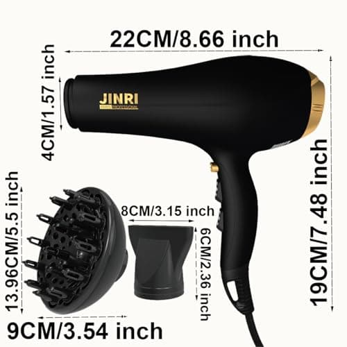 Hair Dryer - JINRI 2000W Diffuser Blow Dryer for Salon & Personal Use – Powerful, Fast Drying with Diffuser & Nozzle for Women & Men, ALCI Safety Plug, Black - Thumbnail 2