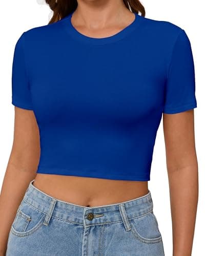 Abardsion Women's Baby Tees Slim Fit Crew Neck Short Sleeve Crop Tops - Basic Y2K T Shirts for Summer Daily Wear & Workout Royal Blue Small - Image 1