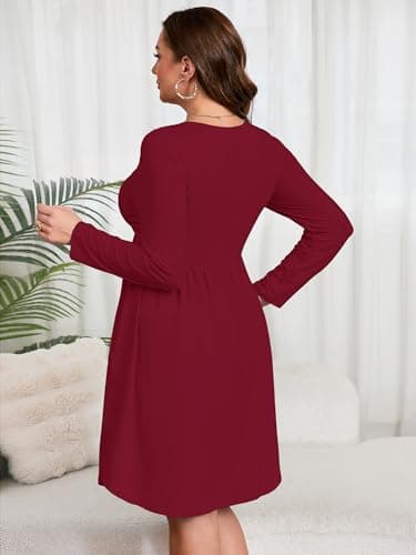 AusLook Women's Plus Size Long Sleeve Midi Dress Crewneck Casual Empire Waist Loose Flowy Dresses A-Line Boho Party 2025 Fall Winter Long Burgundy 4X Dress Vacation Outfit with Pockets - Thumbnail 6