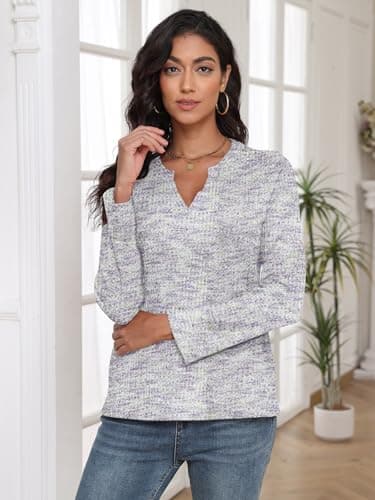 COCOMARTS Womens Waffle Knit V Neck Tops Long Sleeve Henley Shirts Casual Blouses Fall Winter Outfits 2025 Trendy Clothes Purple White Small - Thumbnail 4