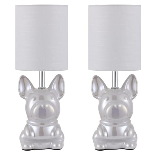 EOEYYOYB Set of 2 Ceramic Table Lamp, Puppy Shape Desk Lamp Cute Bedside Lamp for Nightstand, Living Room, Bedroom, Gifts for Kids Girls, 4W LED Bulb Included, Pearl - Image 1