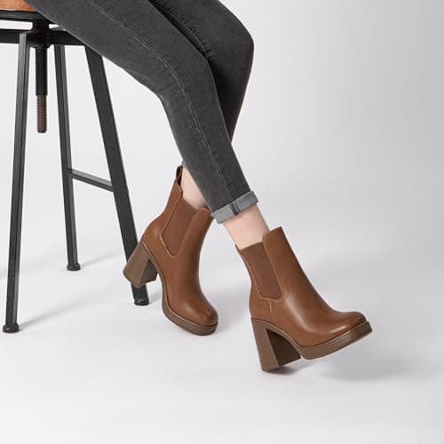 Athelfit Women's Chunky Heel Platform Chelsea Ankle Boots Brown Size 9 - Thumbnail 2