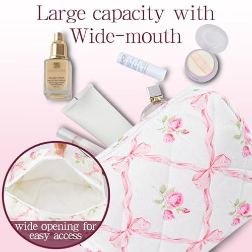 Quilted Makeup Bag Floral Cotton Make up Bag Puffy Coquette Makeup pouch Aesthetic Cute Travel Toiletry Bag for Women Girls - Thumbnail 3