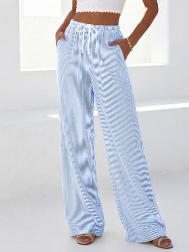 BTFBM Striped Wide Leg Pants for Women Spring Summer 2026 Drawstring Lounge PJ Beach Bottoms Casual Trousers Pockets(Light Blue, Small) - Thumbnail 4