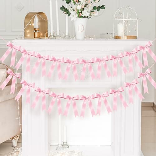 2 Pcs Pink Bow Garland Banner, Pre-Strung Pink Satin Ribbon Bow Garland Coquette Birthday Decorations for Classroom Decor Wedding Birthday Baby Shower - Image 1