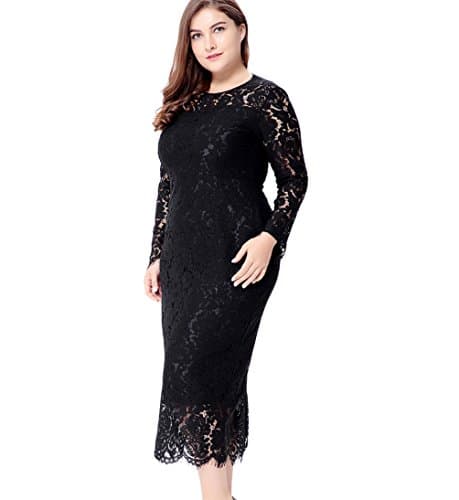 Eternatastic Women's Floral Lace Long Sleeve Plus Size Lace Dress Black XL - Thumbnail 3