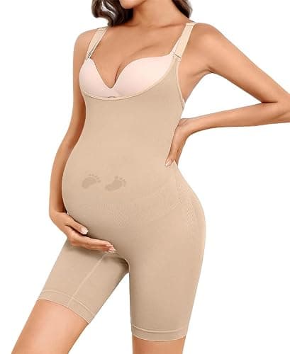 Y25D Women's Maternity Bodysuit Seamless Pregnancy Shapewear Shorts Under Dresses Belly Support Nude Medium - Image 1